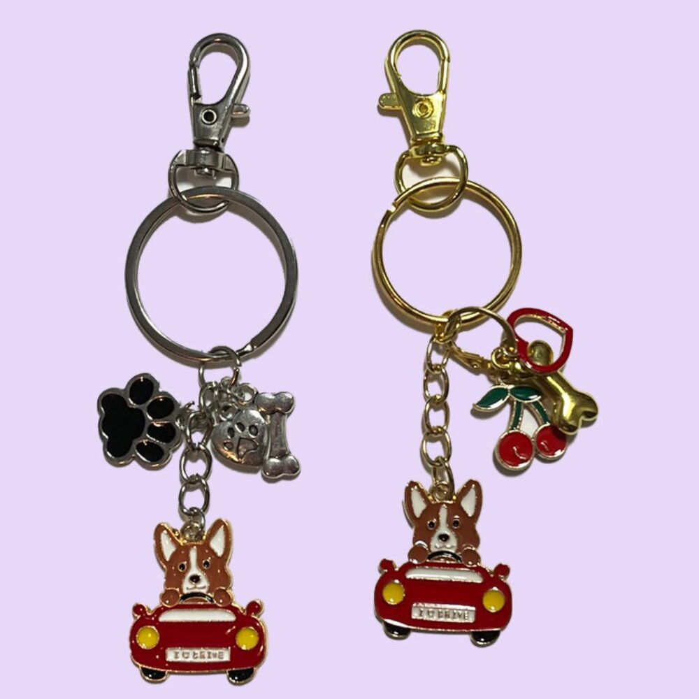 Adorable Corgi Enamel Keychain with Charms in Silver or Gold